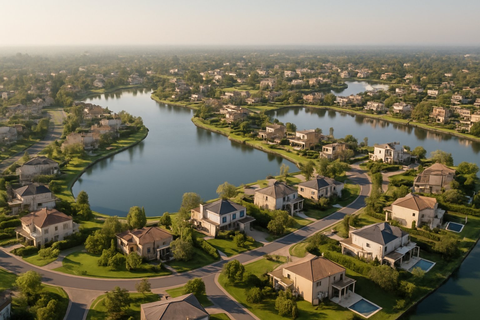 Vista aérea de un barrio cerrado de Zona Norte con lagos, viviendas y calles internas.